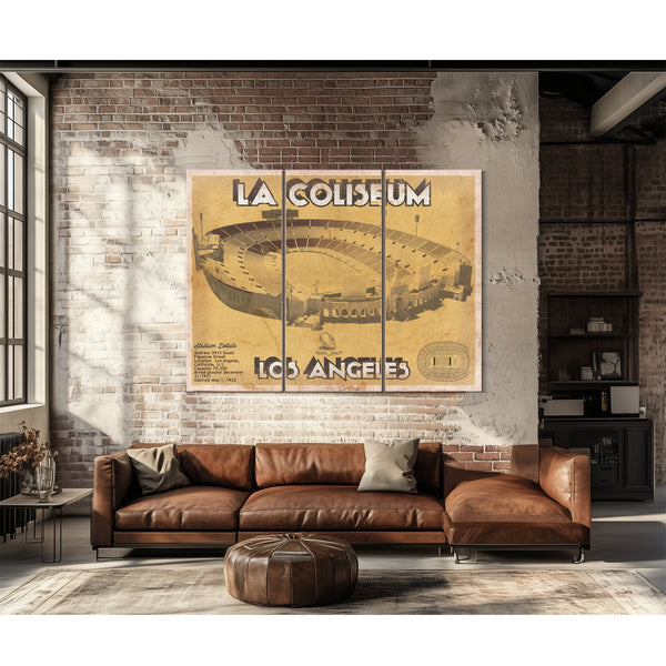 Los Angeles Rams LA Coliseum Seating Stadium Print as a 3 panel canvas wrap above a leather sofa