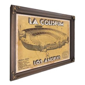 Los Angeles Rams LA Coliseum Seating Stadium Print in a Bourbon stained wood frame with antique gold corners