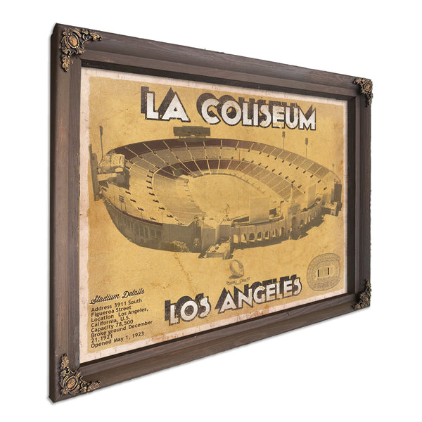 Los Angeles Rams LA Coliseum Seating Stadium Print in a Bourbon stained wood frame with antique gold corners