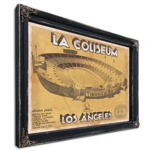 Los Angeles Rams LA Coliseum Seating Stadium Print in a distressed Vintage Black wood frame with ornate corners