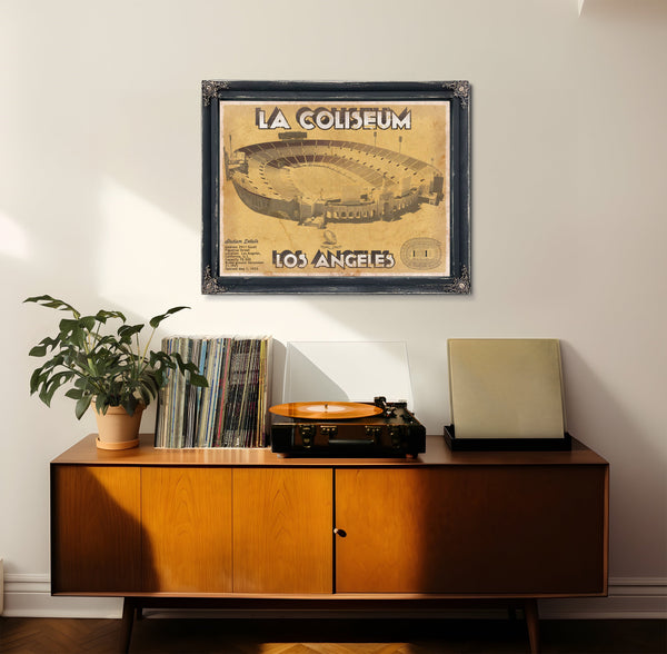 Los Angeles Rams LA Coliseum Seating Stadium Print framed in Vintage Black in a loft bedroom