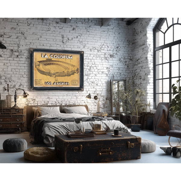 Los Angeles Rams LA Coliseum Seating Stadium Print framed in Vintage Black in a farmhouse entryway
