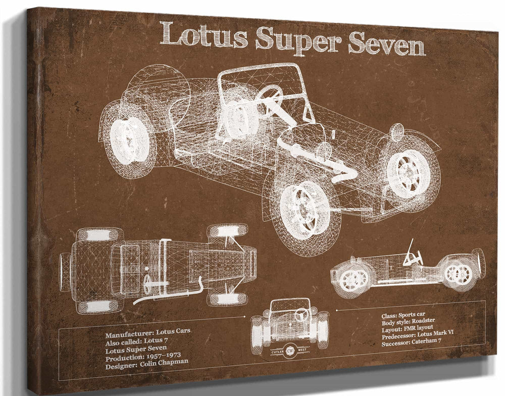 14" x 11" / Stretched Canvas Wrap Cutler West Lotus Super Seven Blueprint Vintage Auto Print