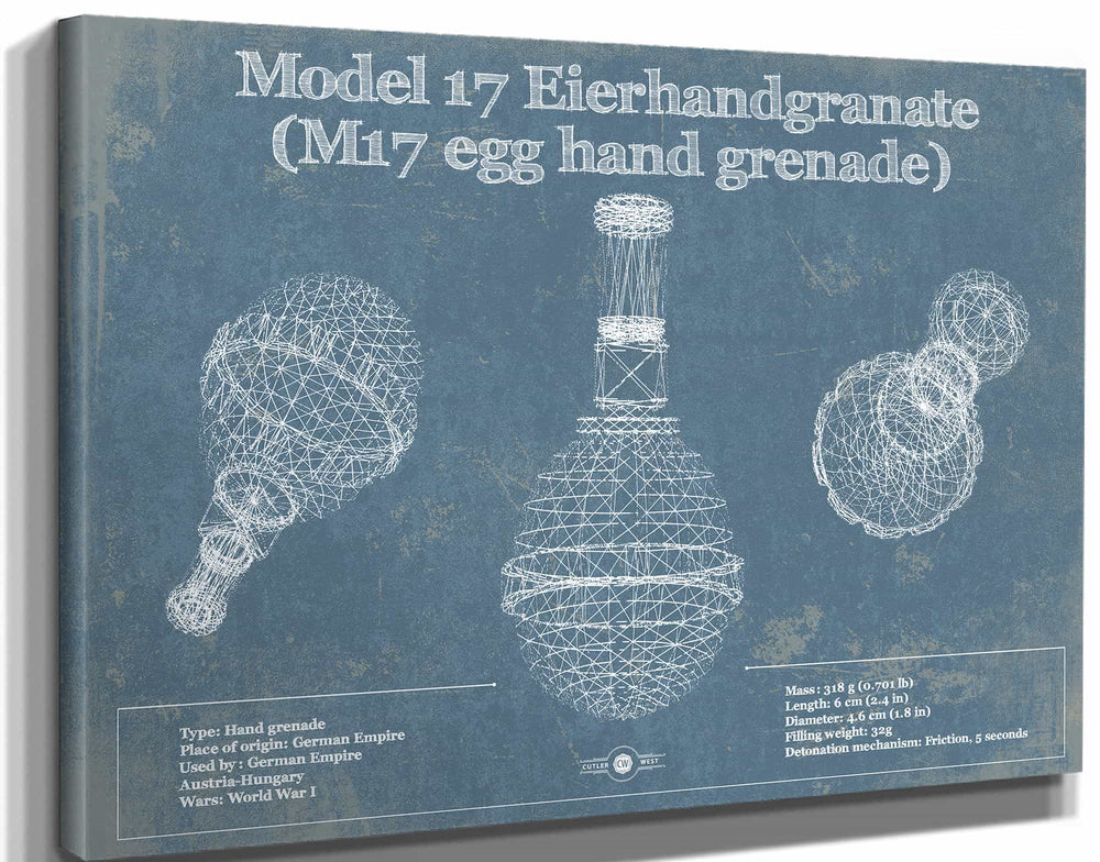 14" x 11" / Stretched Canvas Wrap Cutler West M 17 Grenade Blueprint Vintage Gun Print