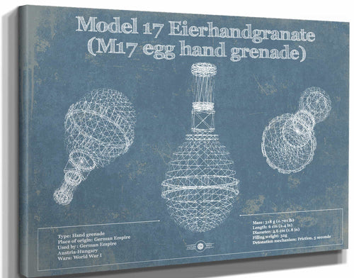14" x 11" / Stretched Canvas Wrap Cutler West M 17 Grenade Blueprint Vintage Gun Print