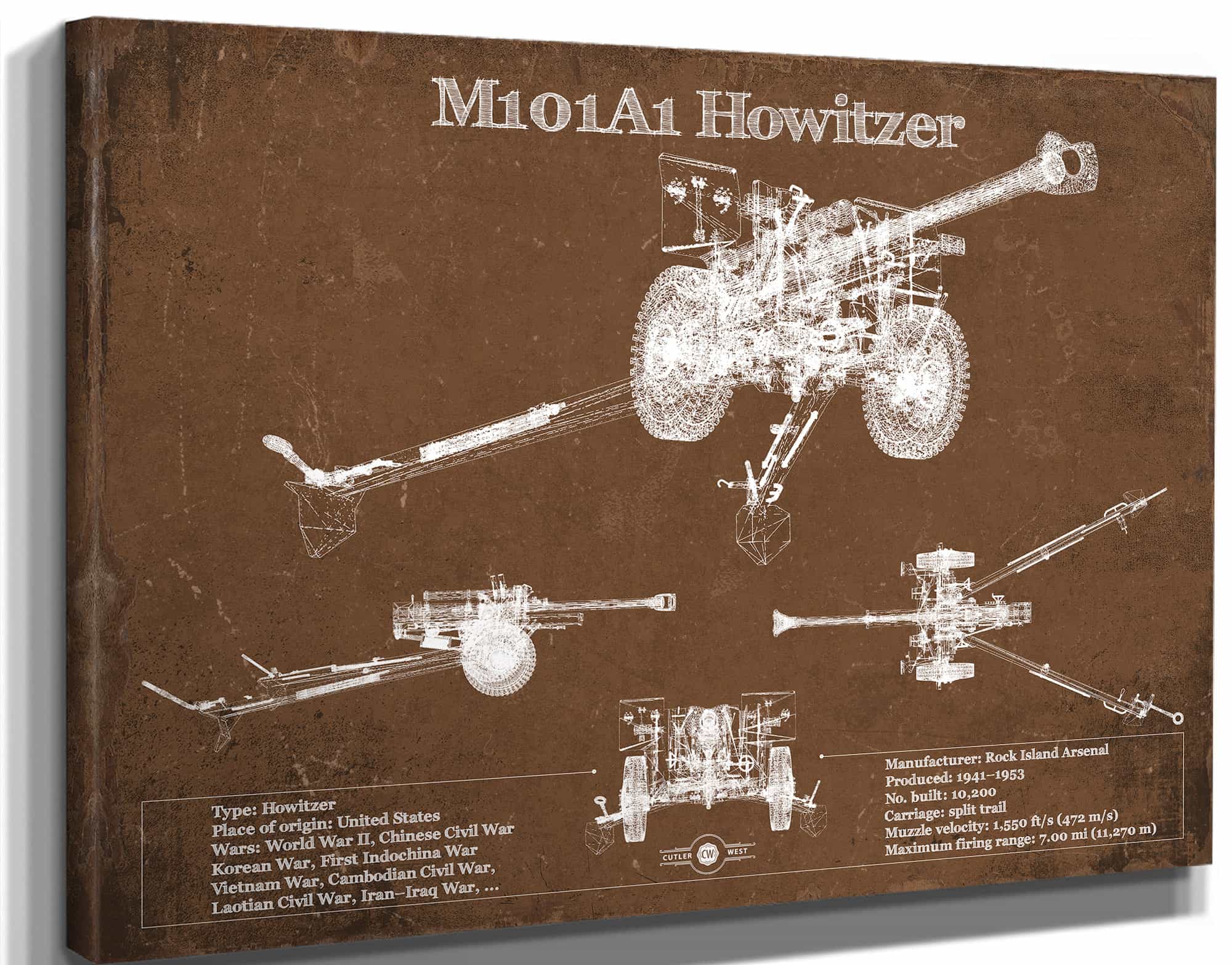 M101A1 Howitzer Blueprint Vintage Military Art by Cutler West