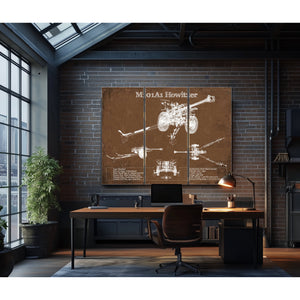 M101A1 Howitzer Art Print as a 3 panel canvas wrap in an industrial loft office