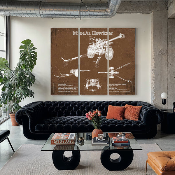 M101A1 Howitzer Art Print as a 3 panel canvas wrap in a modern living room