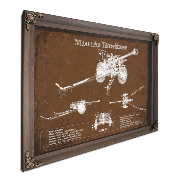 M101A1 Howitzer Art Print in a Bourbon stained wood frame with antique gold corners
