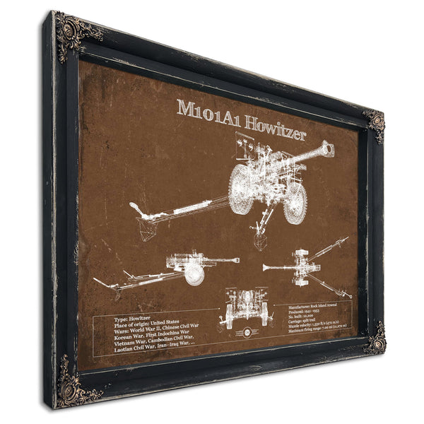 M101A1 Howitzer Art Print in a distressed Vintage Black wood frame with ornate corners