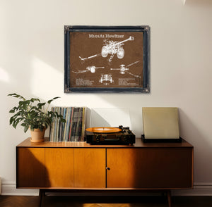 M101A1 Howitzer Art Print framed in Vintage Black in a loft bedroom