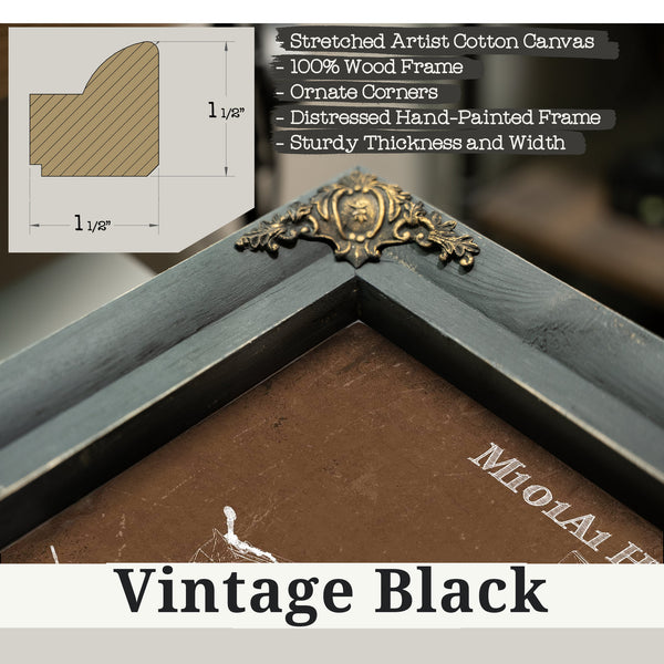 Vintage Black frame corner detail, 1.5 inch ornate wood moulding, M101A1 Howitzer Art Print