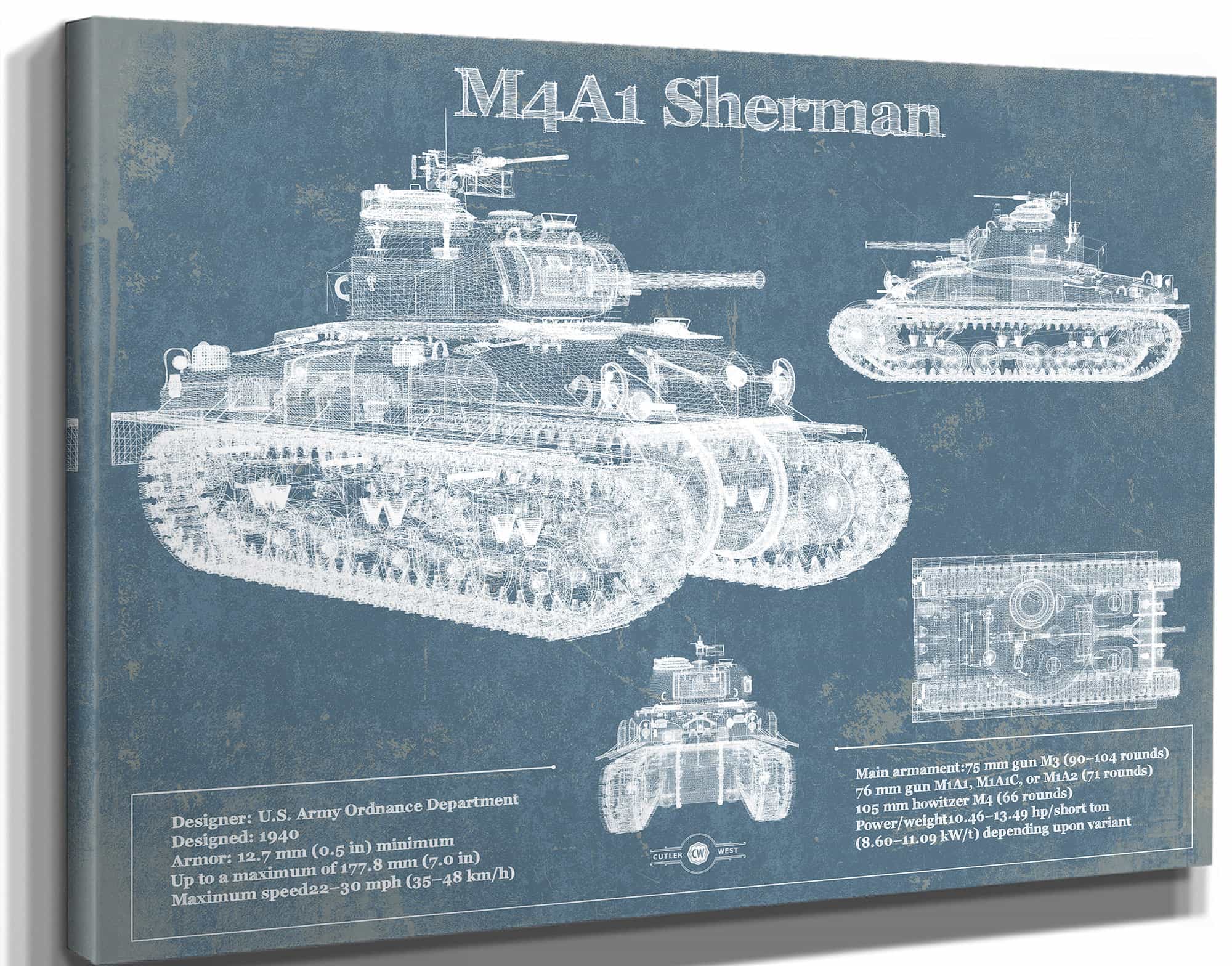 M4A1 Sherman Tank Blueprint Print | Cutler West