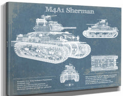 14" x 11" / Stretched Canvas Wrap Cutler West M4A1 Sherman Tank Vintage Blueprint Print