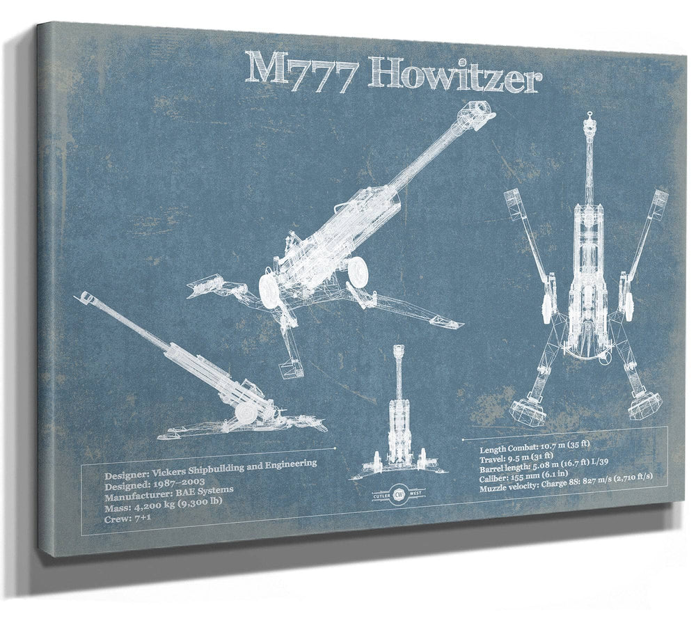 14" x 11" / Stretched Canvas Wrap Cutler West M777 155mm Howitzer Blueprint Vintage Military Print