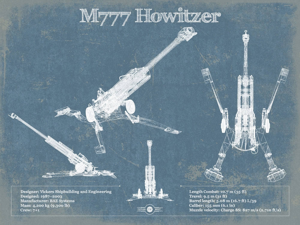 14" x 11" / Stretched Canvas Wrap Cutler West M777 155mm Howitzer Blueprint Vintage Military Print