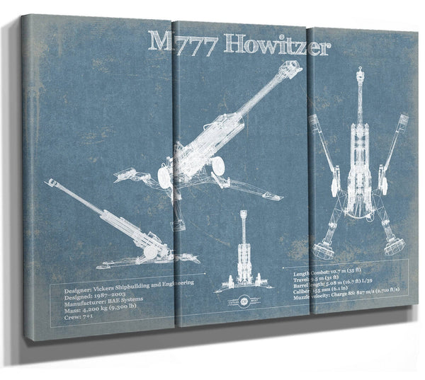 36" x 24" / 3 Panel Canvas Wrap Cutler West M777 155mm Howitzer Blueprint Vintage Military Print