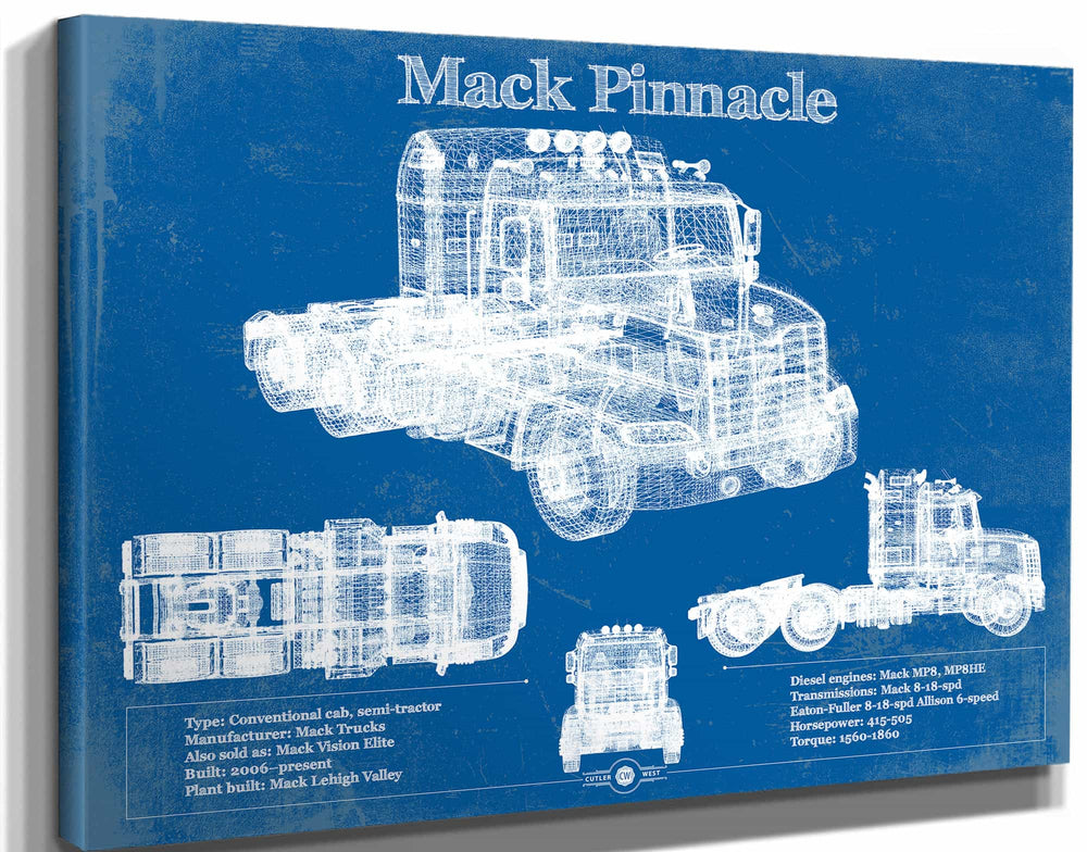 14" x 11" / Stretched Canvas Wrap Cutler West Mack Pinnacle Blueprint Vintage Truck Print
