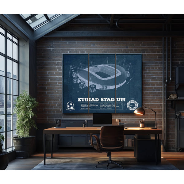 Manchester City FC- Etihad Stadium Print as a 3 panel canvas wrap in an industrial loft office