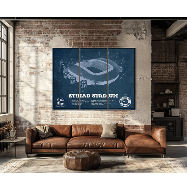 Manchester City FC- Etihad Stadium Print as a 3 panel canvas wrap above a leather sofa