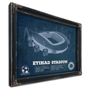 Manchester City FC- Etihad Stadium Print in a distressed Vintage Black wood frame with ornate corners
