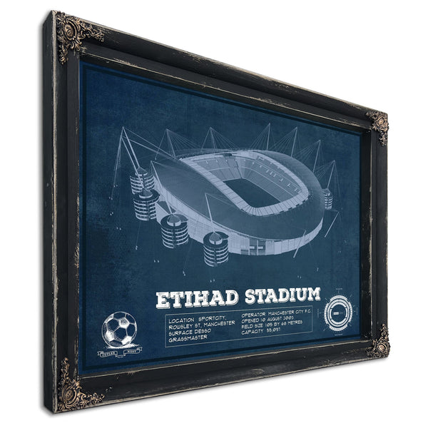 Manchester City FC- Etihad Stadium Print in a distressed Vintage Black wood frame with ornate corners