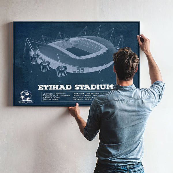 Manchester City FC- Etihad Stadium Print framed in Vintage Black above a mid-century record console