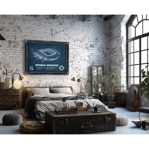 Manchester City FC- Etihad Stadium Print framed in Vintage Black in a farmhouse entryway