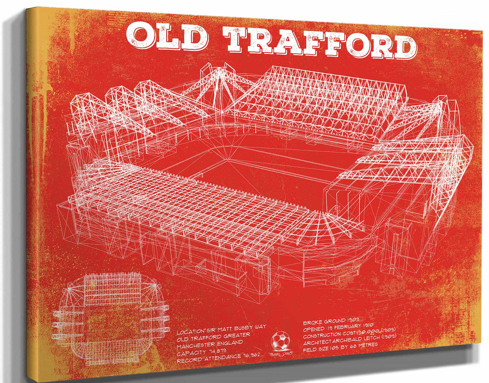 14" x 11" / Stretched Canvas Wrap Cutler West Manchester United F.C. (MU Red Devil) - Old Trafford Stadium Team Color Blueprint Vintage Soccer Print