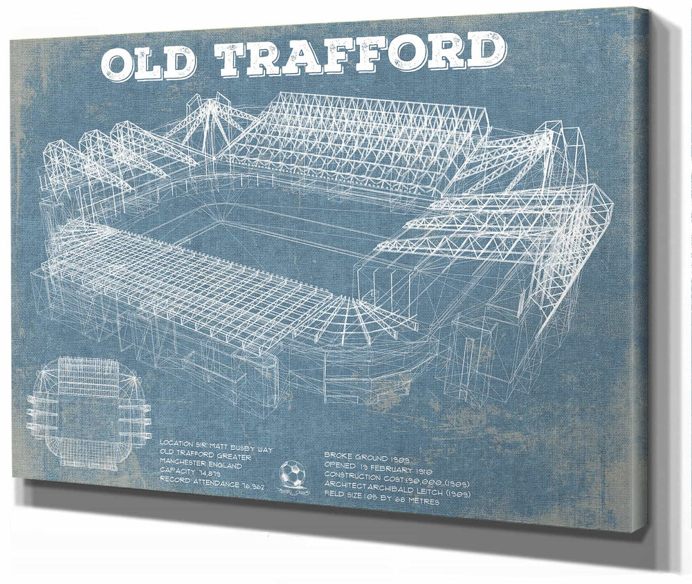 14" x 11" / Stretched Canvas Wrap Cutler West Manchester United F.C. - Old Trafford Stadium Blueprint Vintage Soccer Print