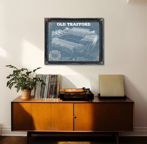 Manchester United FC - Old Trafford Stadium Print framed in Vintage Black in a loft bedroom