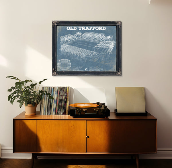 Manchester United FC - Old Trafford Stadium Print framed in Vintage Black in a loft bedroom