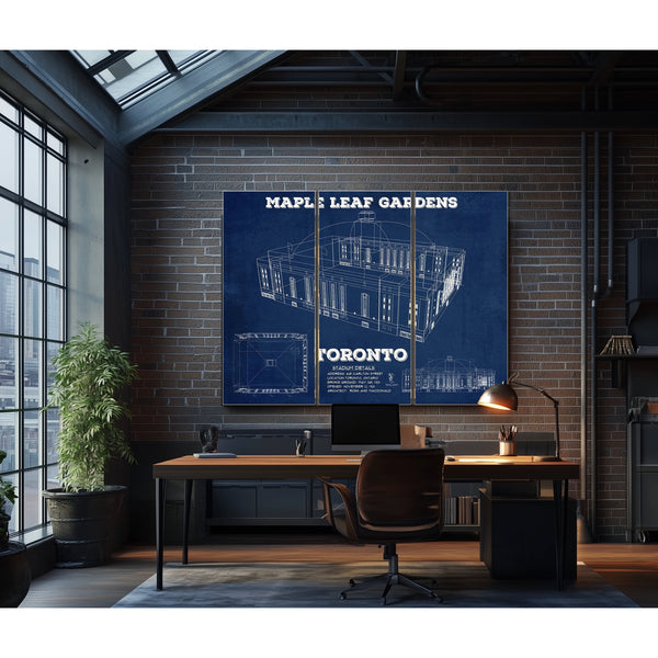 Maple Leaf Gardens - NHL Stadium Print as a 3 panel canvas wrap in an industrial loft office