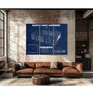 Maple Leaf Gardens - NHL Stadium Print as a 3 panel canvas wrap above a leather sofa