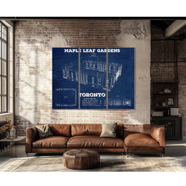 Maple Leaf Gardens - NHL Stadium Print as a 3 panel canvas wrap above a leather sofa