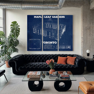 Maple Leaf Gardens - NHL Stadium Print as a 3 panel canvas wrap in a modern living room