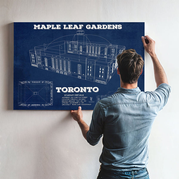 Maple Leaf Gardens - NHL Stadium Print framed in Vintage Black above a mid-century record console