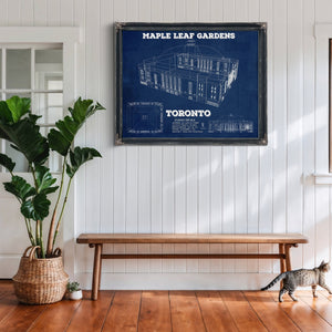 Maple Leaf Gardens - NHL Stadium Print framed in Vintage Black above a rustic console table