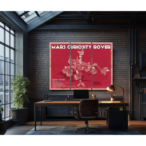 Mars Curiosity Rover NASA Space Art Print as a 3 panel canvas wrap in an industrial loft office