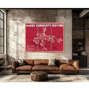 Mars Curiosity Rover NASA Space Art Print as a 3 panel canvas wrap above a leather sofa