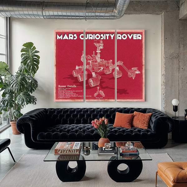 Mars Curiosity Rover NASA Space Art Print as a 3 panel canvas wrap in a modern living room