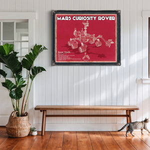 Mars Curiosity Rover NASA Space Art Print framed in Vintage Black above a rustic console table