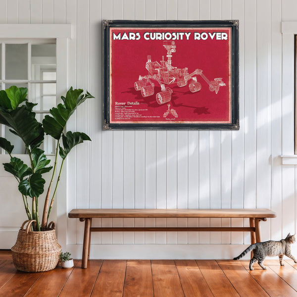 Mars Curiosity Rover NASA Space Art Print framed in Vintage Black above a rustic console table