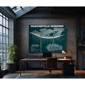 Martinsville Speedway NASCAR Race Track Print as a 3 panel canvas wrap in an industrial loft office