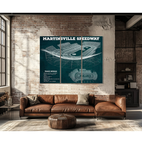 Martinsville Speedway NASCAR Race Track Print as a 3 panel canvas wrap above a leather sofa