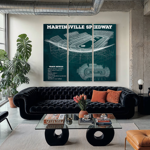 Martinsville Speedway NASCAR Race Track Print as a 3 panel canvas wrap in a modern living room