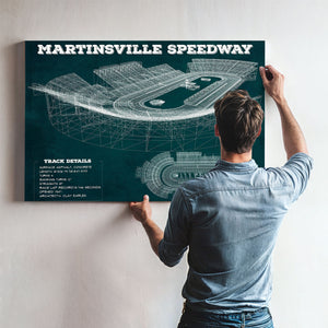 Martinsville Speedway NASCAR Race Track Print framed in Vintage Black above a mid-century record console
