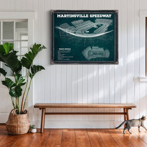 Martinsville Speedway NASCAR Race Track Print framed in Vintage Black above a rustic console table