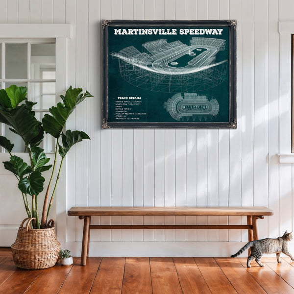 Martinsville Speedway NASCAR Race Track Print framed in Vintage Black above a rustic console table