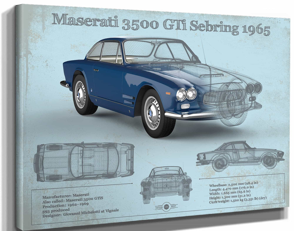 14" x 11" / Stretched Canvas Wrap Cutler West Maserati 3500 Gti Sebring Vintage Car Blueprint